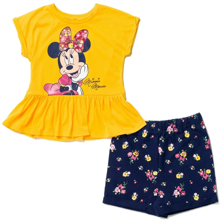 Disney Minnie Mouse Toddler Girls Peplum T-Shirt and French Terry Shorts Outfit Set Toddler to Li... | Walmart (US)