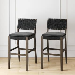 Cohen 29 in. Wood Mid-Century Faux Leather Counter Height Bar Stool, with Woven Back for Kitchen, Black, (Set of 2) | The Home Depot