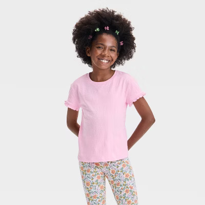 Girls' Short Sleeve Textured Knit T-Shirt - Cat & Jack™ Light Pink S: Ruffle Crew Neck, Midweight Jersey | Target