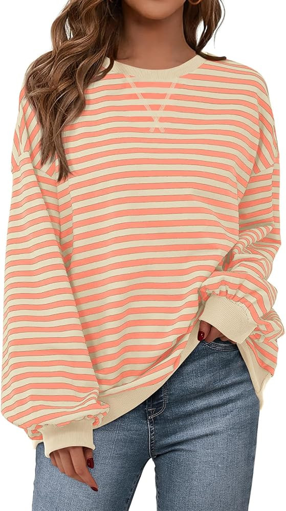 PRETTYGARDEN Womens Striped Oversized Sweatshirt Color Block Crew Neck Long Sleeve Casual Loose P... | Amazon (US)