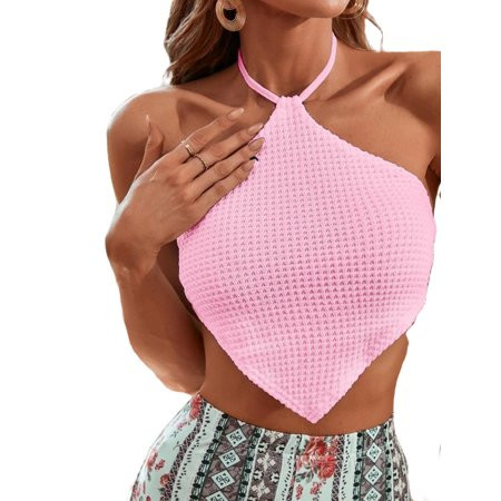 Women s Solid Waffle Knit Tie Backless Halter Top Pink S | Walmart (US)