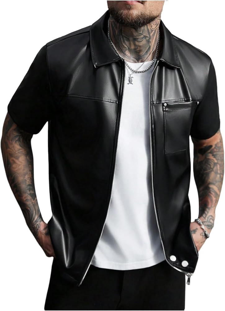 WDIRARA Men's Faux Leather Zip Up Shirts Short Sleeve Collared Tops Streetwear | Amazon (US)