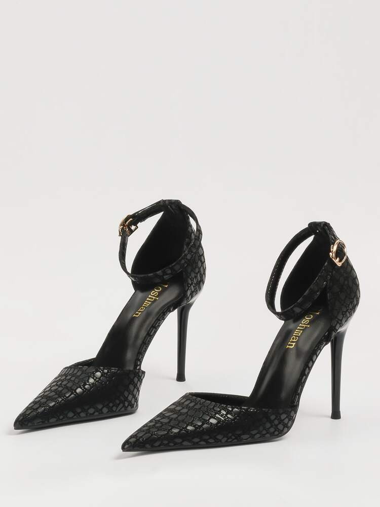 Crocodile Embossed Stiletto Heeled Ankle Strap Pumps | SHEIN