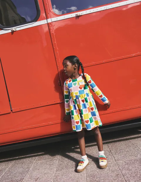 Long-Sleeved Fun Jersey Dress - Multi Chequerboard Hearts | Boden US | Boden (US)