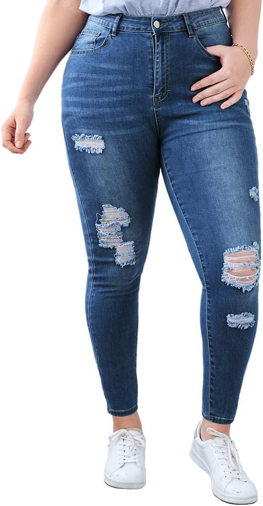 ALLABREVE Women Plus Size Ripped Stretch Skinny Jeans, High Rise Distressed Denim Jegging | Amazon (US)