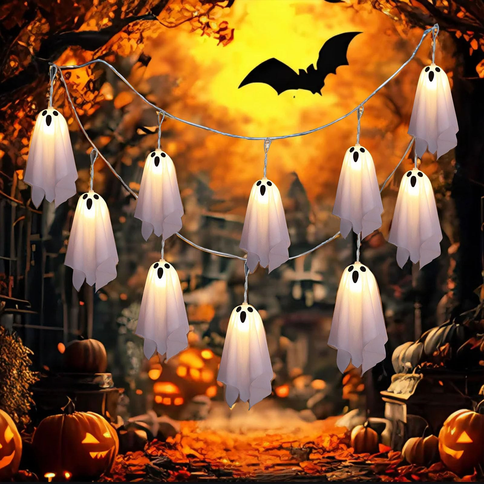 TBGENIUS Halloween Ghost Decor,10Pcs Spooky Ghosts String Lights Battery Operated with Timer,8 Li... | Amazon (UK)