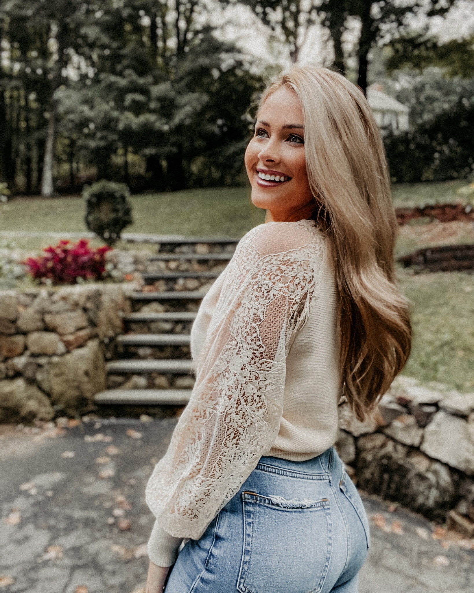 Fall outfit - lace sleeve knit sweater from Amazon and high rise straight jeans from Abercrombie.

#LTKunder50 #LTKunder100 #LTKSeasonal