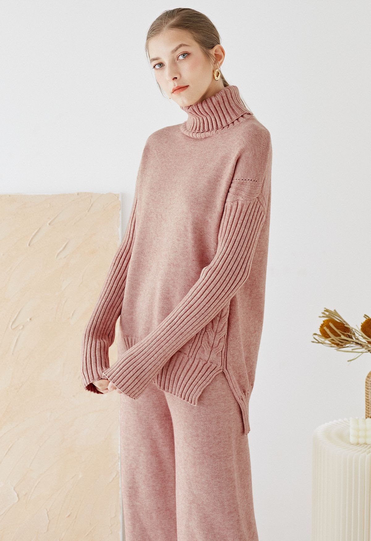 Turtleneck Hi-Lo Sweater and Knit Pants Set in Pink | Chicwish