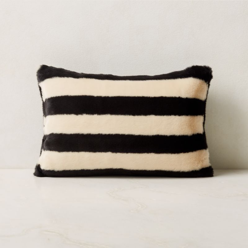 Elsie Black and White Striped Faux-Fur Modern Throw Pillow with Down-Alternative Insert 18''x12''... | CB2