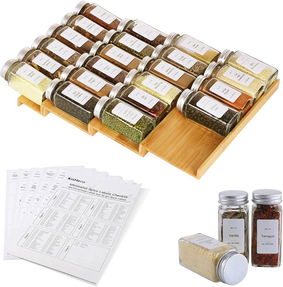 KitHero Spice Drawer Organizer with 20 Spice Jars,216 Labels,50 Non-slip Rubber, Bamboo 4 Tier Se... | Amazon (US)