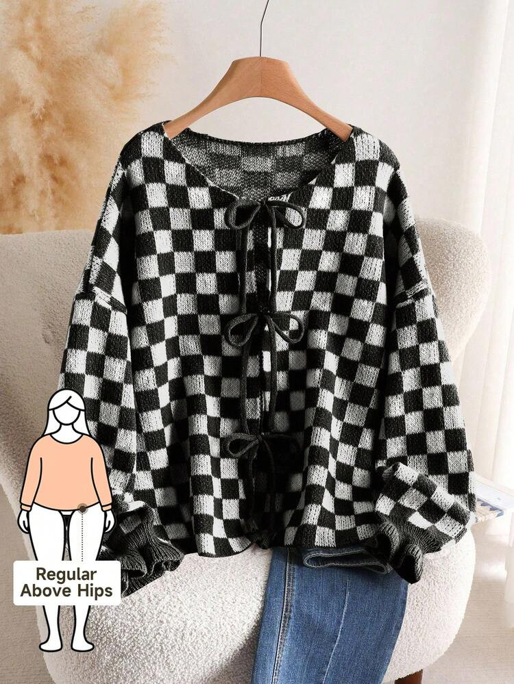 CosyJoli Plus Size Women Casual Checkerboard Lace-Up Cardigan, Autumn/Winter | SHEIN