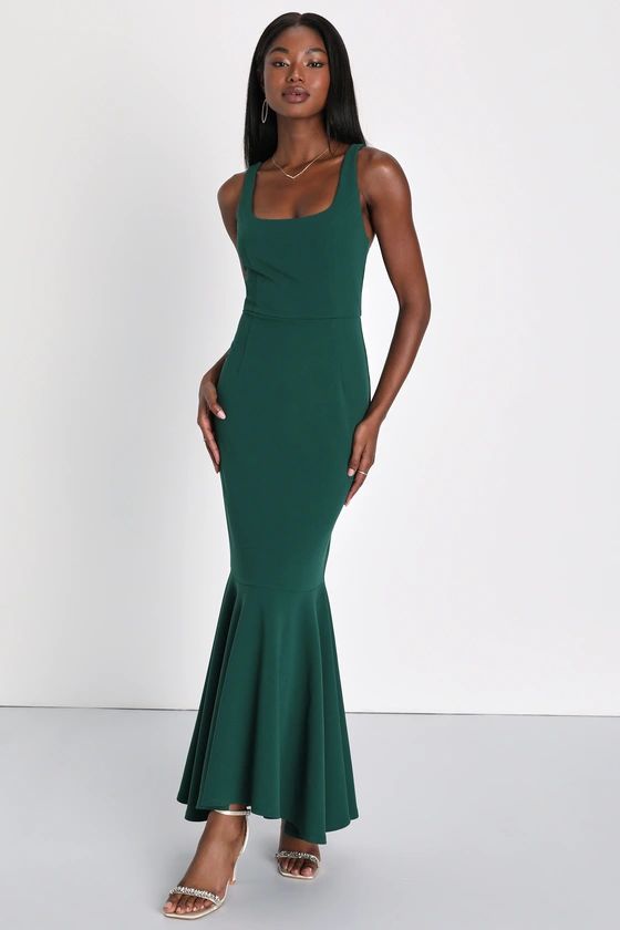 Romantic Destiny Emerald Green Square Neck Trumpet Maxi Dress | Lulus (US)