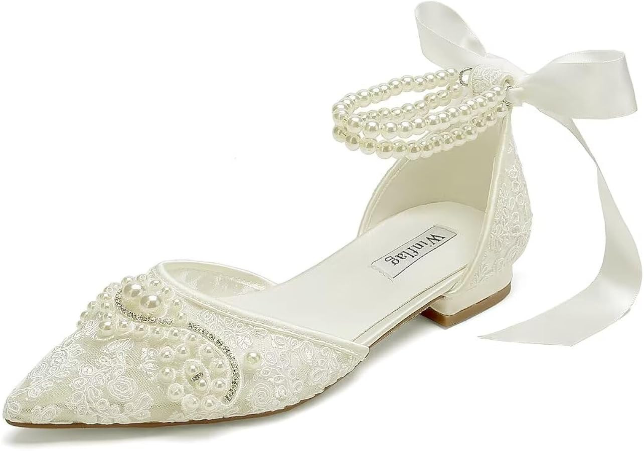 Pearl Wedding Shoes for Bride Flat Lace Bride Shoes Pointed Toe Bridal Flats | Amazon (US)