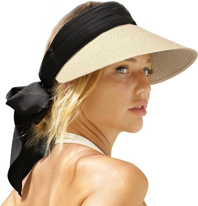 Straw Sun Visor Hats for Women Beach Summer Sun Hat Wide Brim Sun Hats for Women Foldable UPF 50 ... | Amazon (US)