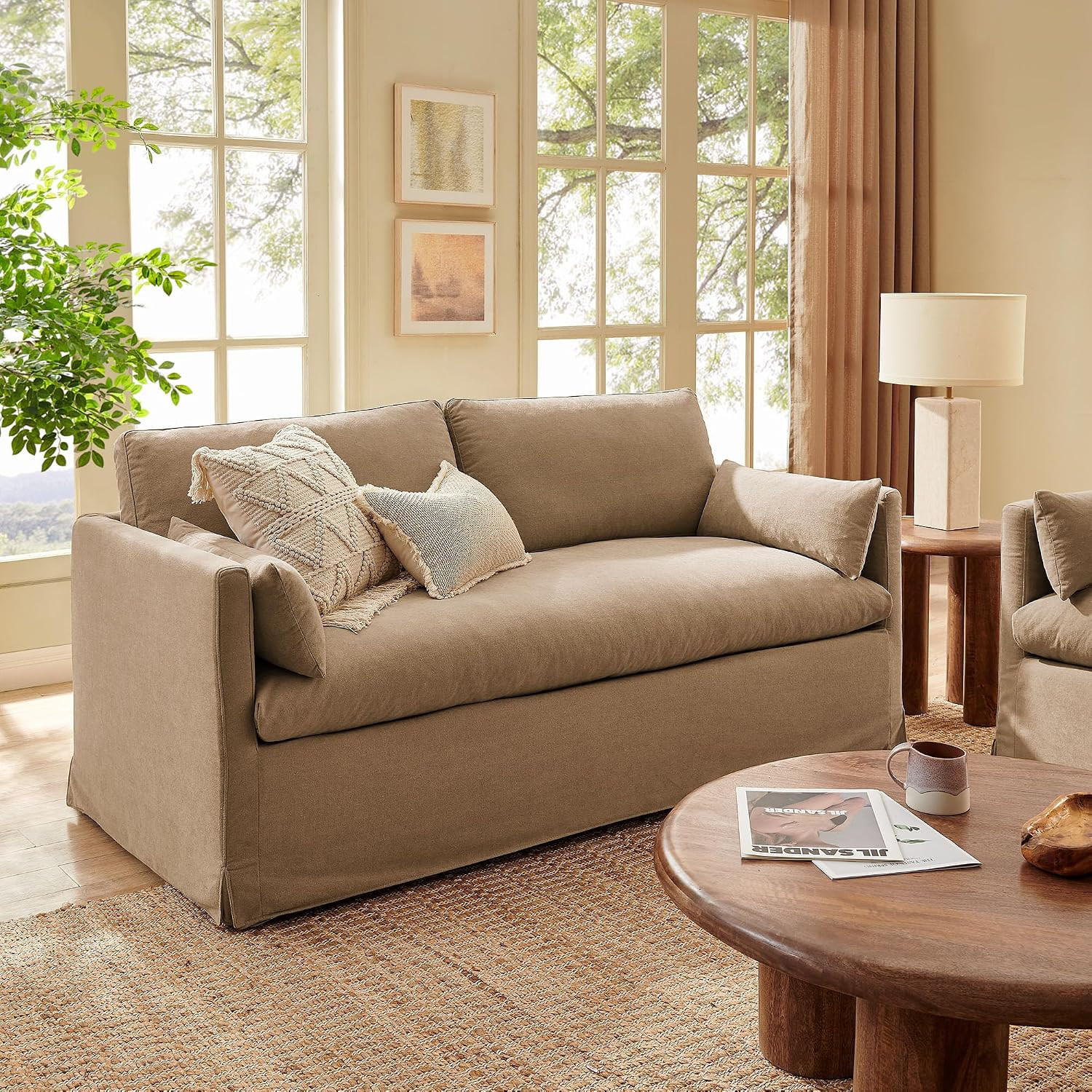 Modway Wellfleet Linen-Blend Slipcovered Loveseat in Almond – 73 Inch Upholstered Fabric 2 Seater Couch with Down Blend Cushions and Throw Pillows | Amazon (US)
