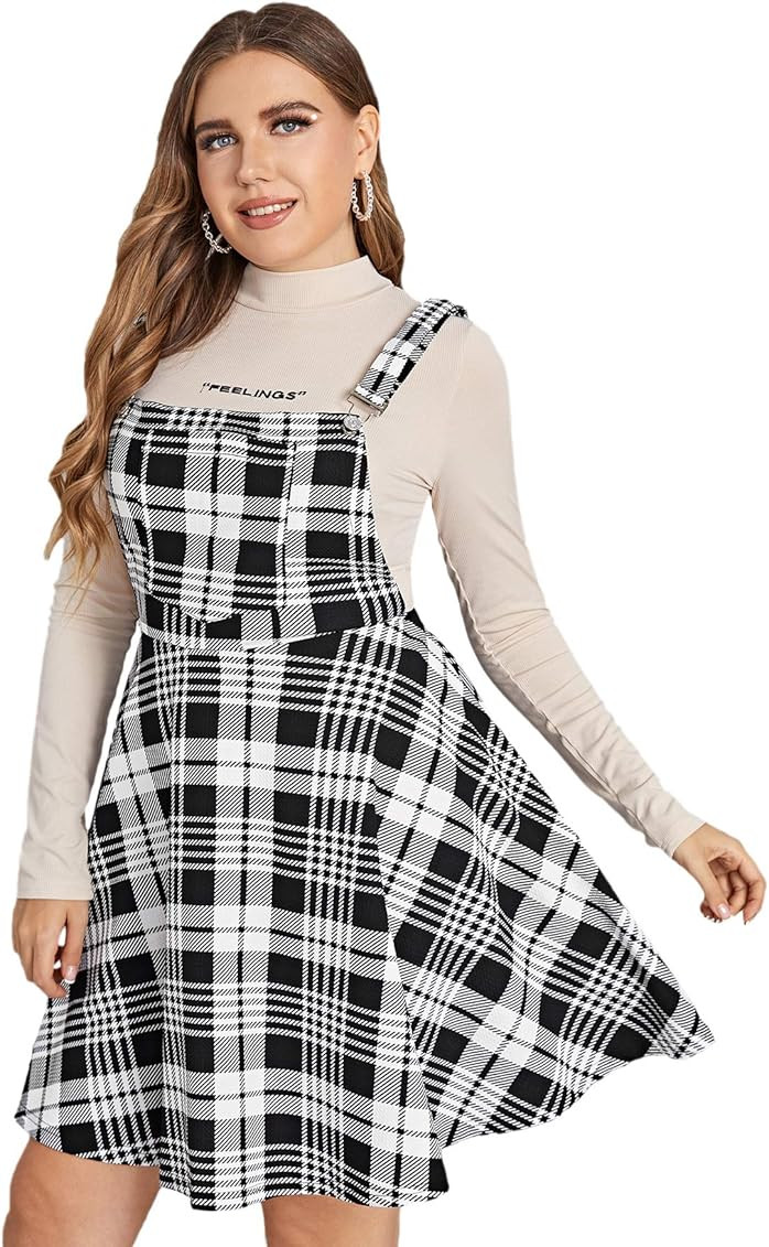 Romwe Women's Plus Size Casual Overall Pinafore Dress Adjustable Straps A-line Swing Short Dress | Amazon (US)