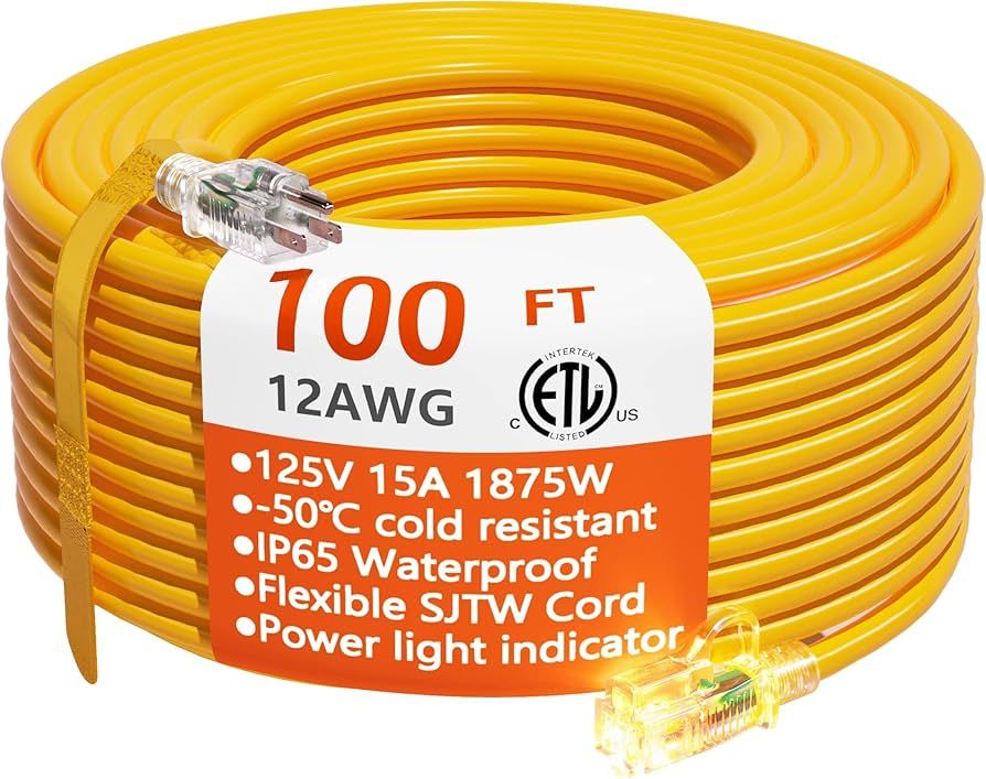 12/3 Gauge Heavy Duty Outdoor Extension Cord 100 ft Waterproof with Lighted end, Flexible Cold-Re... | Amazon (US)