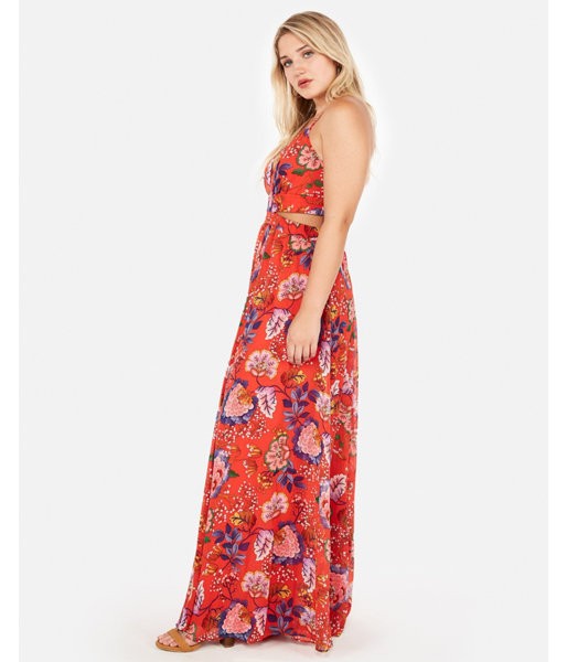 Express Womens Floral Side Cut-Out Maxi Dress Red Women's Xxs Red XXS | Express