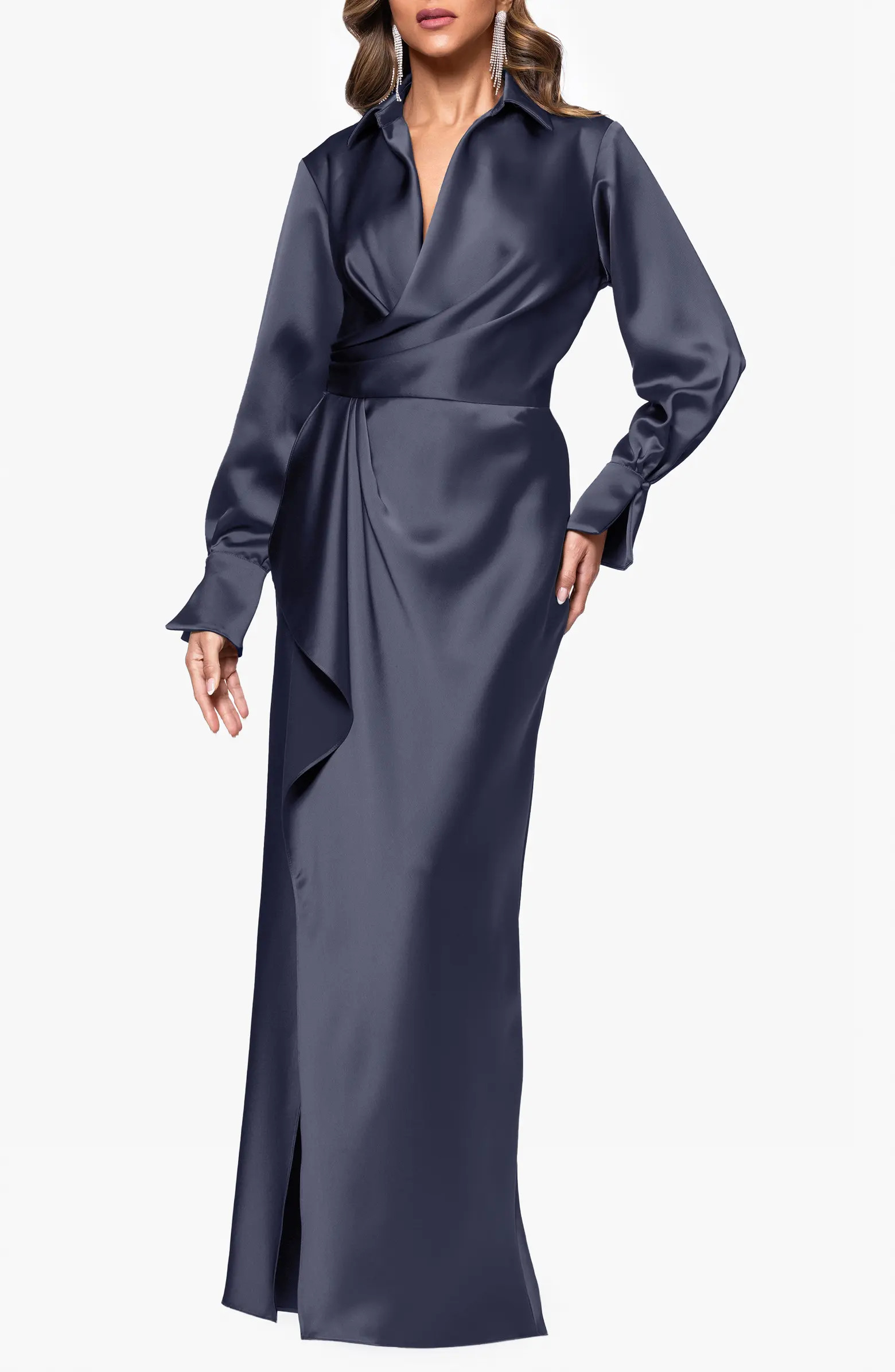 Xscape Evenings Collar Long Sleeve Satin Gown | Nordstrom | Nordstrom