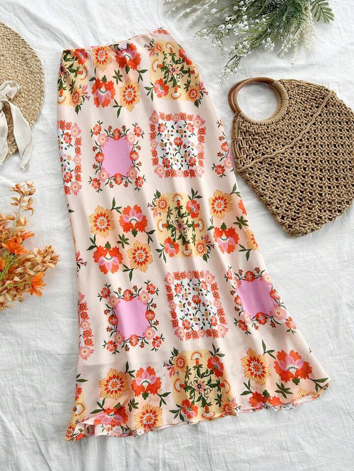 SHEIN WYWH Women's Romantic Countryside Summer Vacation Floral Print 3D Flower Decorated Fish Tai... | SHEIN