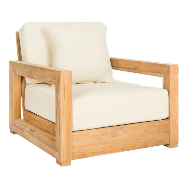 SAFAVIEH Couture Montford Cushioned Teak Indoor/ Outdoor Armchair - Chair+Cushion - Teak/Brown Beige | Bed Bath & Beyond
