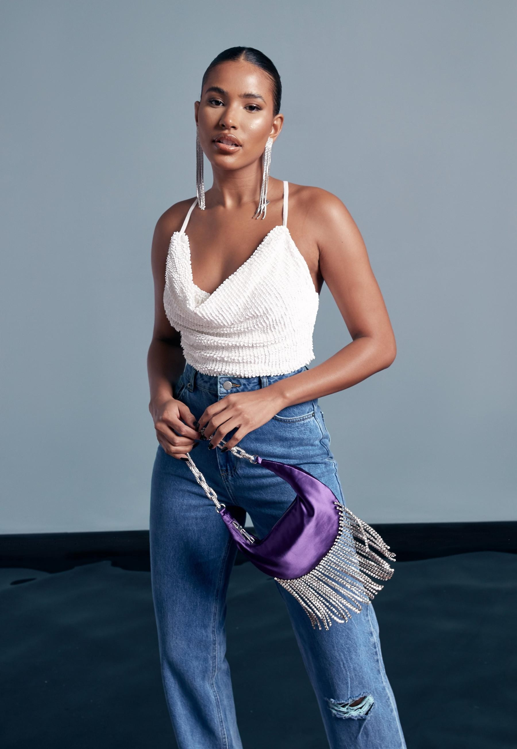 Missguided - Peace + Love White Sequin Cowl Neck Crop Top | Missguided (US & CA)