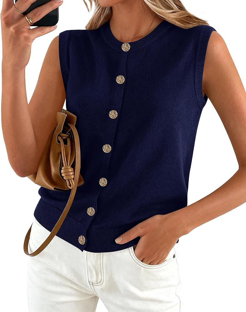 BTFBM Sweater Vest Women Casual Crewneck Button Down Knit Sleeveless Cardigan 2026 Spring Clothes... | Amazon (US)