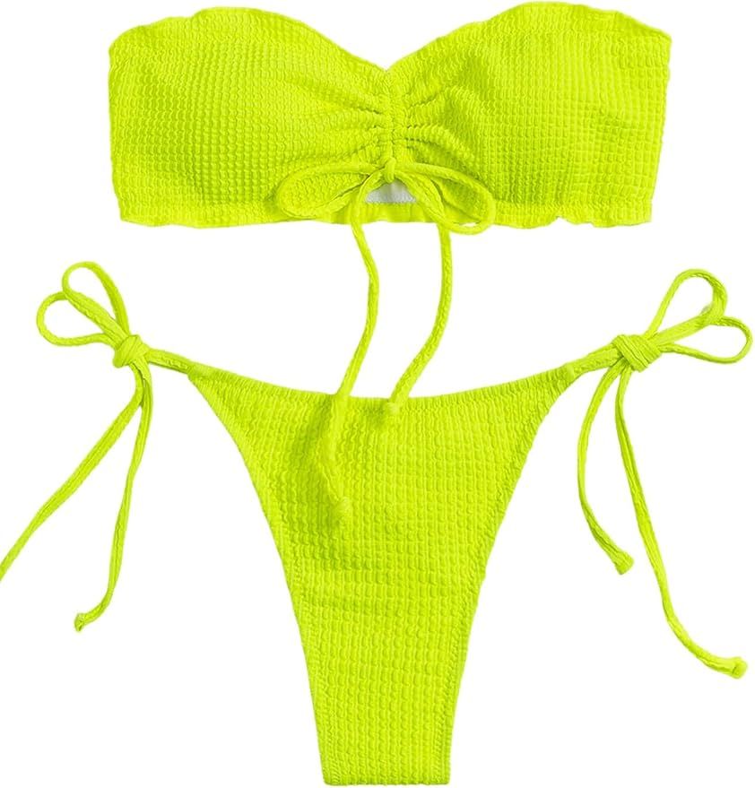 SweatyRocks Women's 2 Piece Swimwear Strapless Bandeau Bikini Swimsuit Tie Side Bathing Suit | Amazon (US)