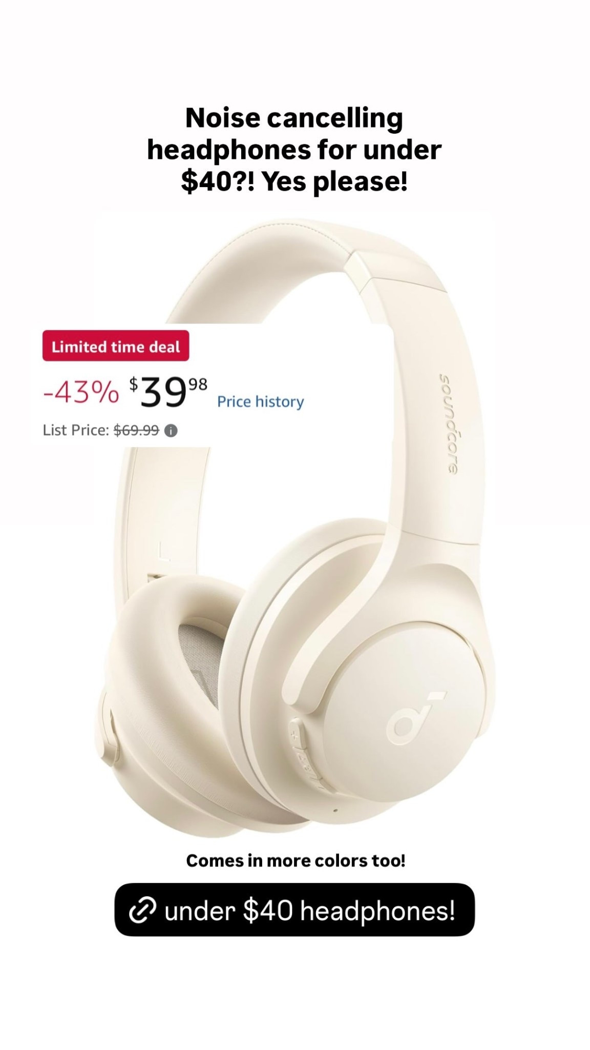 Noise cancelling headphones for under $40?! Yes please!  Comes in more colors too!