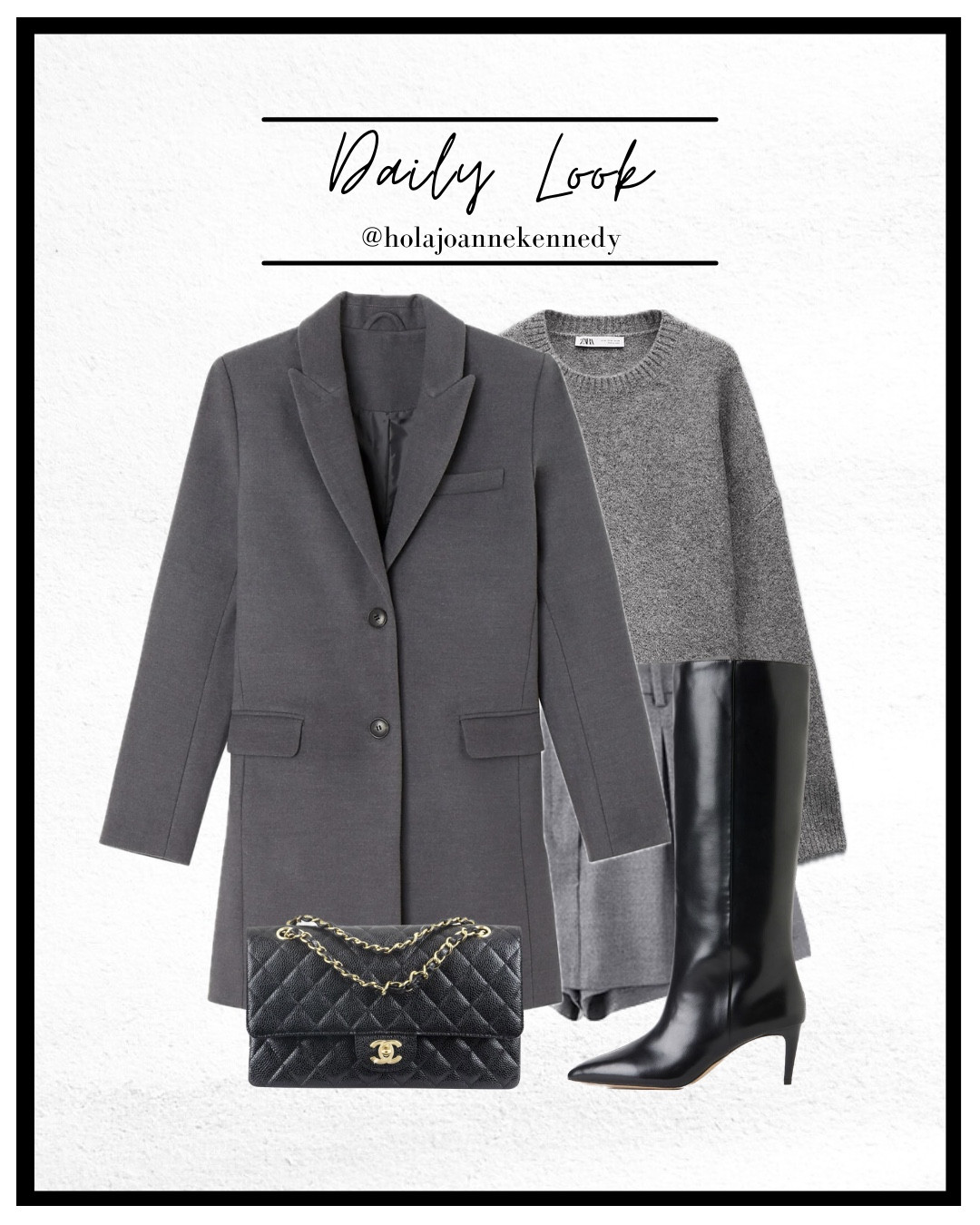 grey tailored wool-look coat, grey skort outfit, grey knit jumper outfit, fleece-lined heart tights, black kitten heel boots outfit, Chanel bag outfit, tonal grey layers, monochrome grey outfit, midweek outfit inspiration, cozy chic winter outfit, elevated casual style, capsule wardrobe neutrals, modern classic outfit, everyday winter outfit

#LTKstyletip #LTKuk #LTKwinter