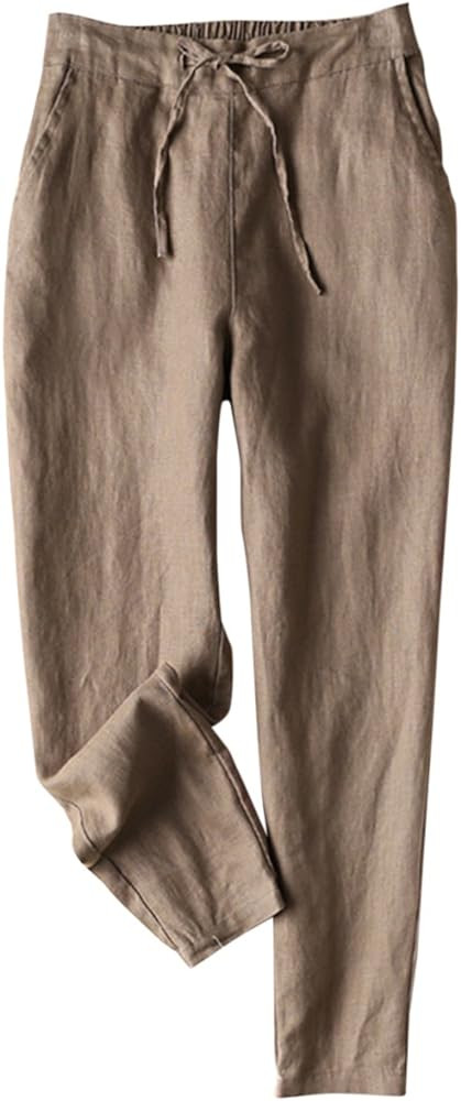 IXIMO Women's Tapered Pants 100% Linen Drawstring Back Elastic Waist Ankle Length Pants | Amazon (US)
