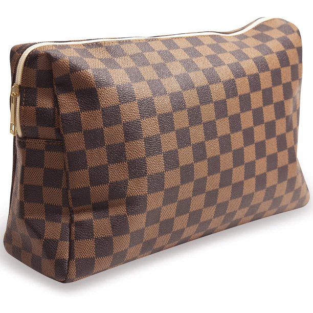 Checkered Travel Makeup Bag, Vegan Leather Large Retro Cosmetic Pouch, Toiletry Bag for Women, Po... | Walmart (US)