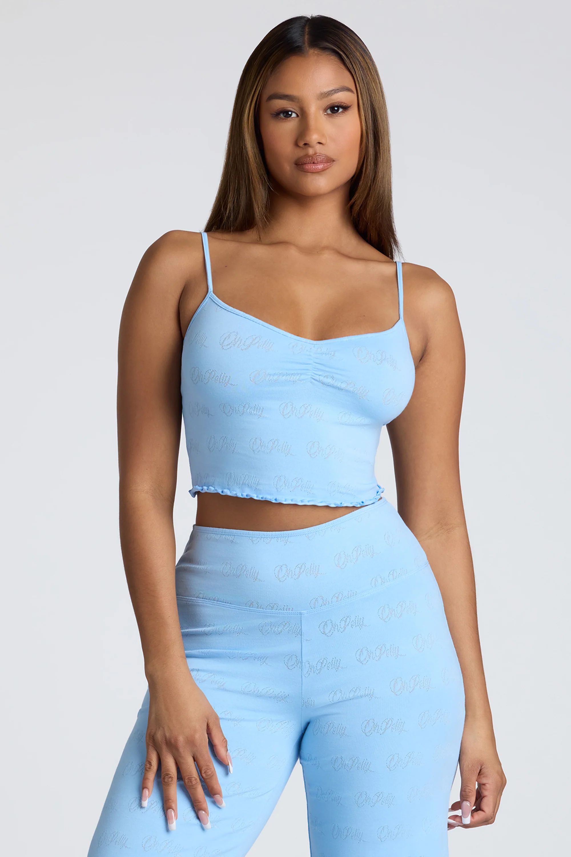 Strappy Ruched Pointelle Crop Top in Baby Blue | Oh Polly
