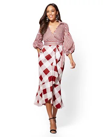 Red Plaid & Stripe Wrap Shirtdress | New York & Company