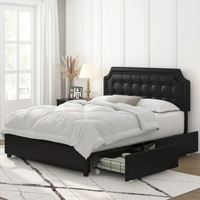 Homfa Full Storage Bed with 4 Drawers, PU Leather Platform Bed Frame with Adjustable Upholstered ... | Walmart (US)