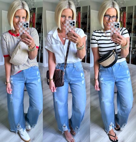 Have you tried barrel jeans yet?!?! I was very hesitant to try but now I’m hooked!!!! I love this @amazon pair!!!! The wash and minimal distressing are perfect!!!
⬇️⬇️⬇️
Jeans size medium
Khaki striped top and button down size small
Black/cream knit top sized up to large. 

#LTKStyleTip #LTKSaleAlert #LTKFindsUnder50