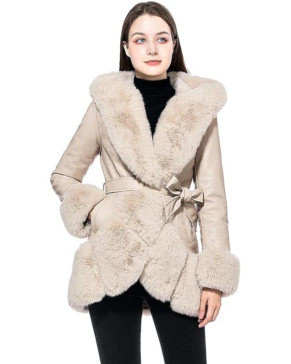GRAN ORIENTE Women's Faux Leather Coat with Faux Fur Collar,Winter Warm Belted Mid Length Trim Ja... | Amazon (US)