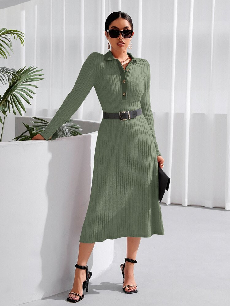 SHEIN Unity Polo Neck Split Sleeve Ribbed Knit Dress Without Belt | SHEIN
