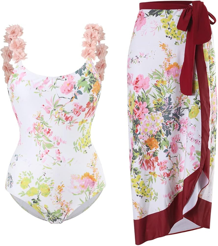 Women's Bathing Suit with Sarong Cover up Wrap Skirt Floral Swimsuit Monokini Swimwear Beach Outf... | Amazon (US)