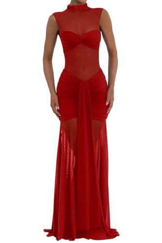Memoriesea Women's Elegant Mesh Sheer Sleeveless Bodycon Wedding Formal Maxi Dress | Amazon (US)