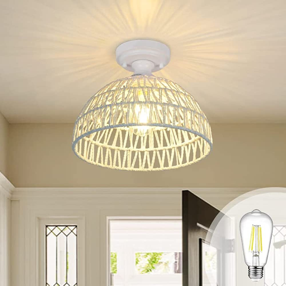 HMVPL Rattan Semi Flush Mount Ceiling Light Fixture in White, Hand Woven Rattan Chandelier, Boho ... | Amazon (US)