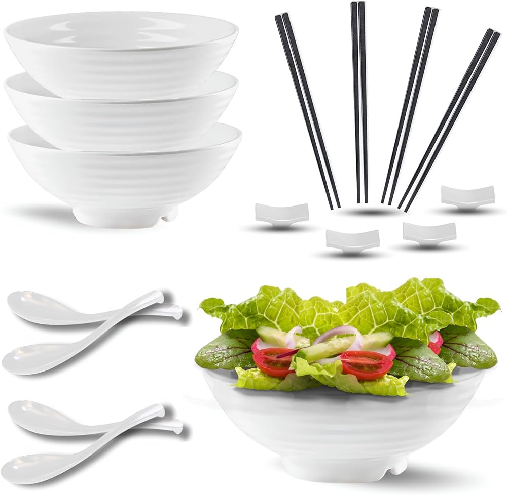 White 32 OZ Ramen Bowl Set – 20-Piece Japanese Melamine Set with 4 Bowls, 4 Spoons, 4 Pairs of ... | Amazon (US)