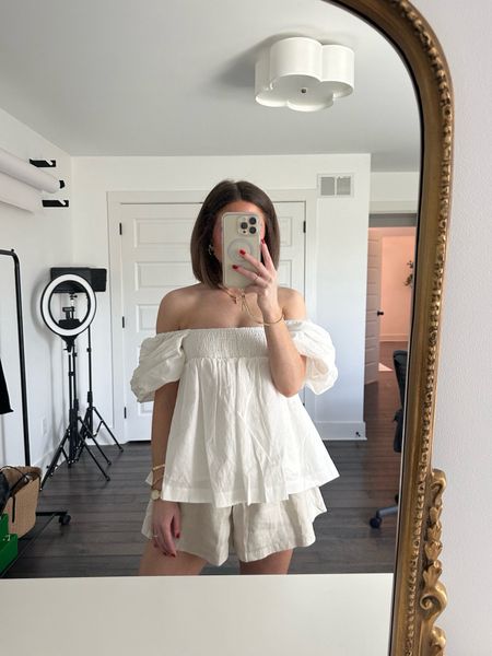 Anthropologie off the shoulder top (tts, xs) & Anthropologie stretchy shorts (tts, sized up one to small for pregnancy but normally would have worn xs) This outfit is light and airy for those warm spring and summer days! 

#LTKfindsunder100 #LTKbump #LTKstyletip