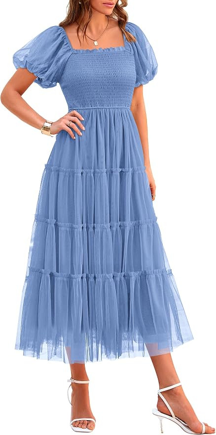 PRETTYGARDEN Women's Summer Smocked Midi Tulle Dress | Amazon (US)
