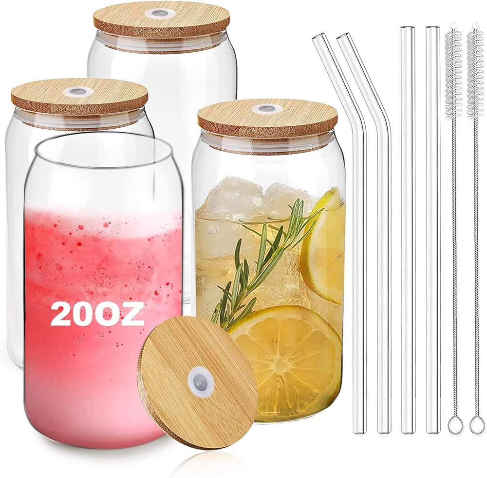 [4 pack, 20 Oz] DESIGN•MASTER Premium Can Glasses with Bamboo Lids and Glass Straws, Can Shaped... | Amazon (US)