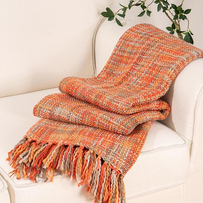 BATTILO HOME Rust Orange Throw Blanket for Couch, Decorative Afghan Throw Blanket with Tassels, M... | Amazon (US)