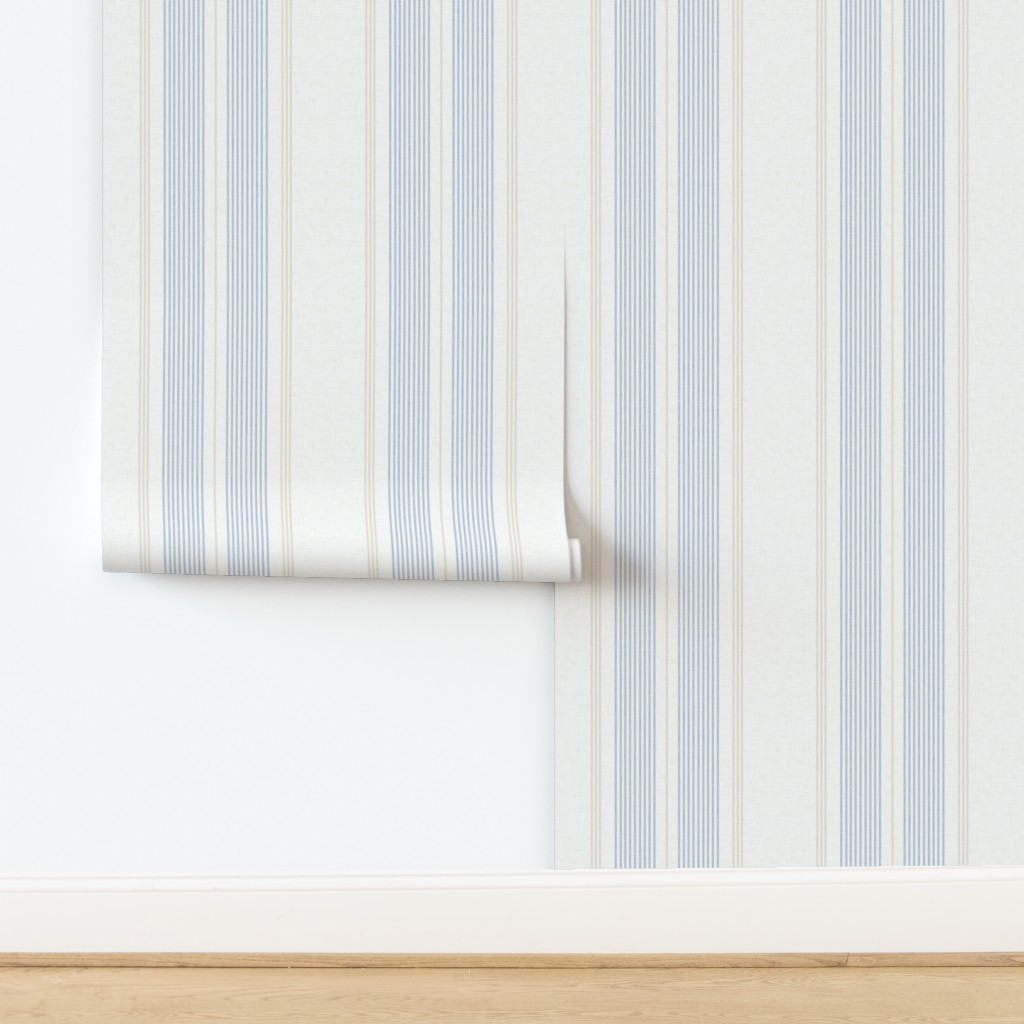 Thin Ticking Stripes Soft Cornflower Blue Tan Cream Off White Coastal Large Wallpaper | Spoonflow... | Spoonflower