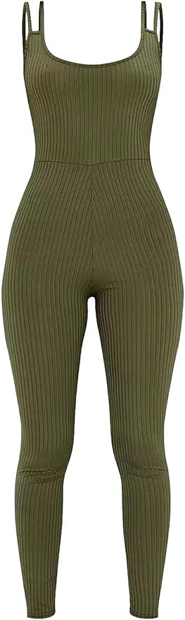 Prettymake Ladies Women’s Double Strap Jumpsuit Ribbed Cami Romper Skinny Unitard Summer Playsu... | Amazon (US)