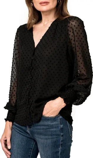 GIBSONLOOK Pin Dot Smocked Detail V-Neck Blouse | Nordstrom | Nordstrom