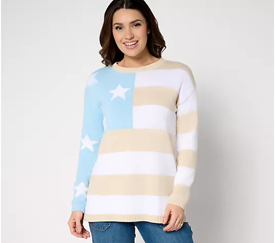 Denim & Co. Americana 100% Cotton Drop Shoulder Flag Sweater | QVC